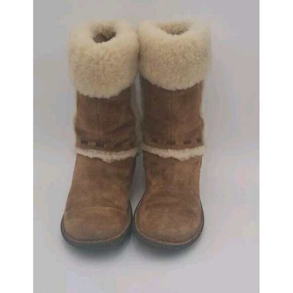 UGG Boots 8 Elijo Shearling Chestnut Brown Suede Cream 5674 Preowned Fast Ship - Picture 3 of 12